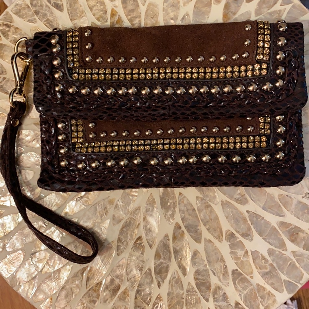 Brown suede like embellished wristlet